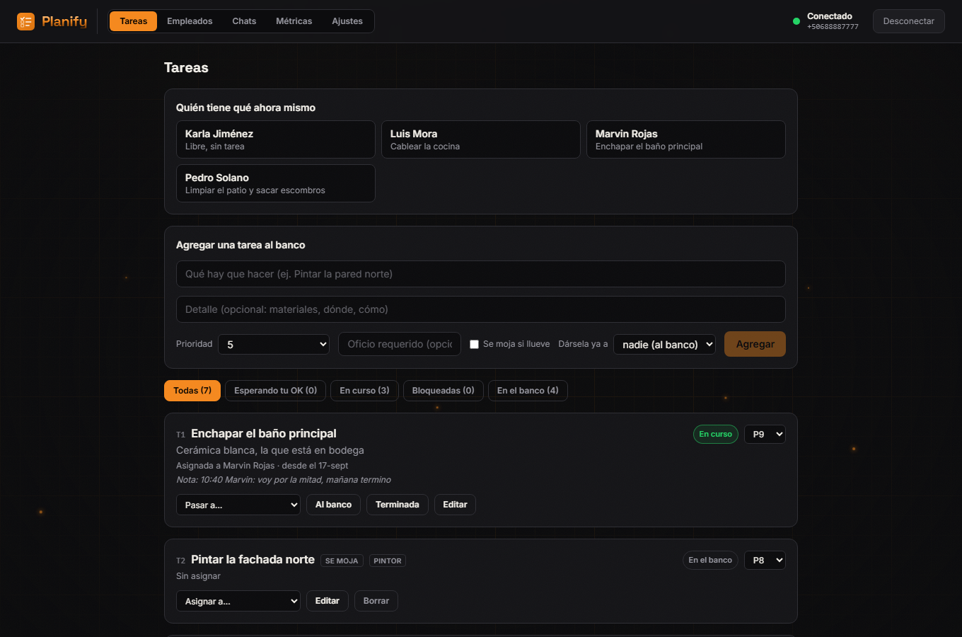 Pestaña Tareas del panel de Planify: quién tiene qué y el banco de tareas con sus acciones